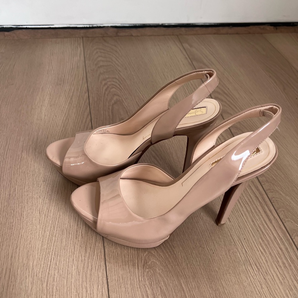 Patent Peep-Toe Platform Slingback Heels in Nude - Picture 3 of 6